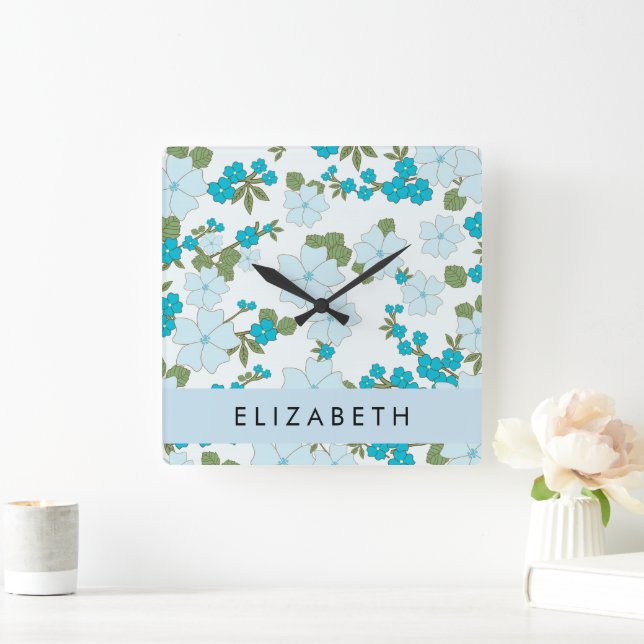 Blue Flowers, Pattern Of Flowers, Your Name Square Wall Clock (Home)