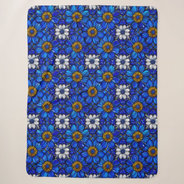Blue flowers pattern sherpa blanket (Front)