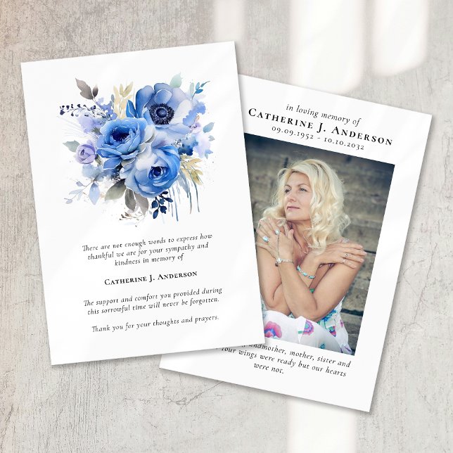 Blue Flowers Photo Sympathy Funeral Memorial Thank You Card (Creator Uploaded)
