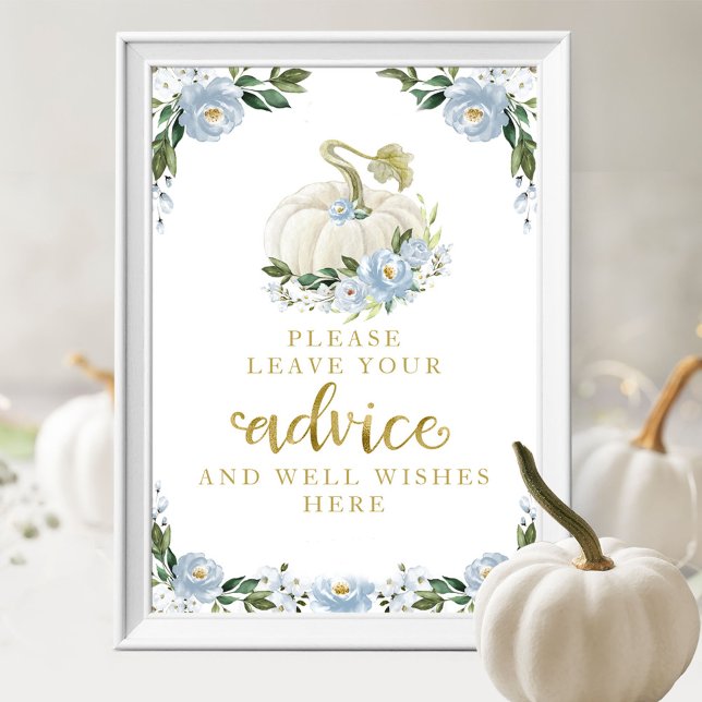 Blue Flowers Pumpkin Baby Shower Advice Sign (Creator Uploaded)