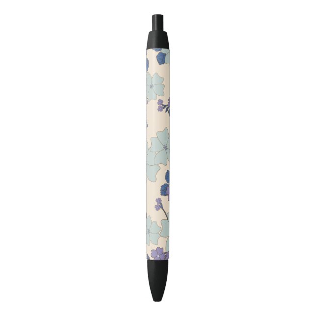 Blue Flowers, Purple Flowers, Floral Pattern Black Ink Pen (Front Vertical)