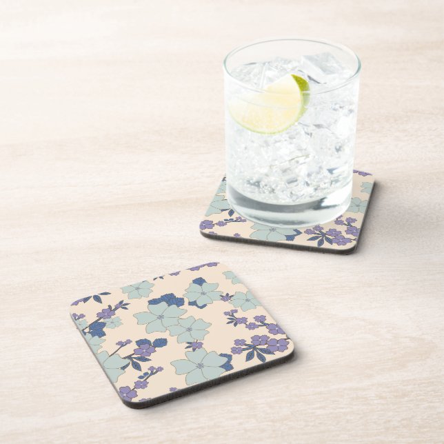 Blue Flowers, Purple Flowers, Floral Pattern Coaster (Right Side)