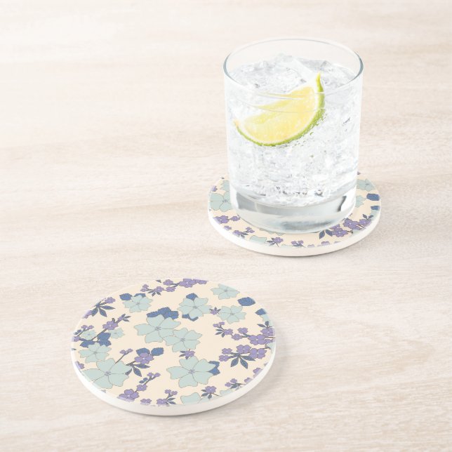 Blue Flowers, Purple Flowers, Floral Pattern Coaster (Side)