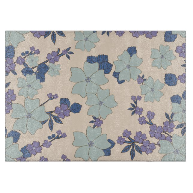Blue Flowers, Purple Flowers, Floral Pattern Cutting Board (Front)