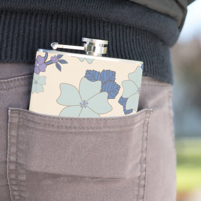 Blue Flowers, Purple Flowers, Floral Pattern Hip Flask (In Situ)
