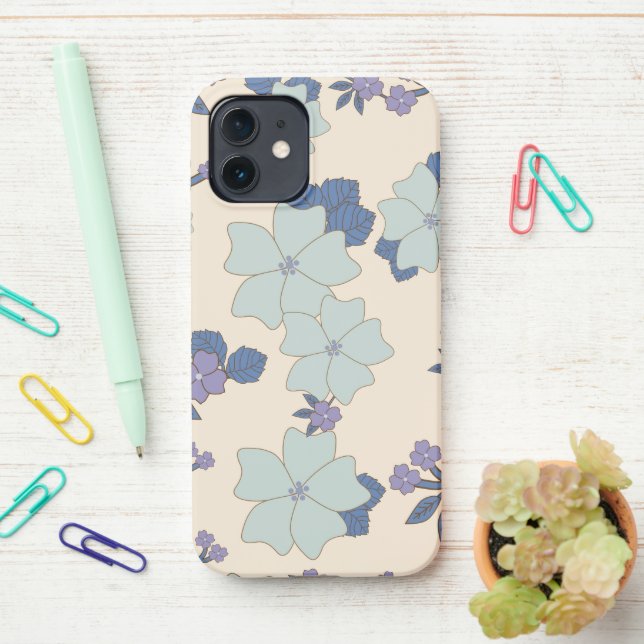 Blue Flowers, Purple Flowers, Floral Pattern iPhone Case (On Desk)