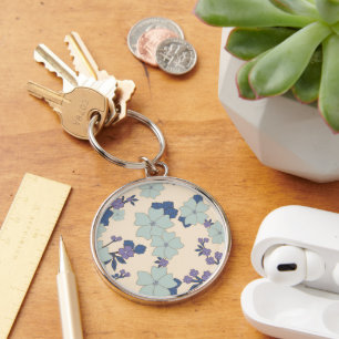 Blue Flowers, Purple Flowers, Floral Pattern Key Ring