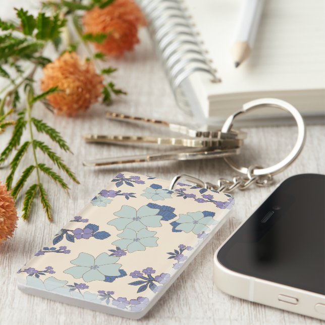 Blue Flowers, Purple Flowers, Floral Pattern Key Ring (Front Right)