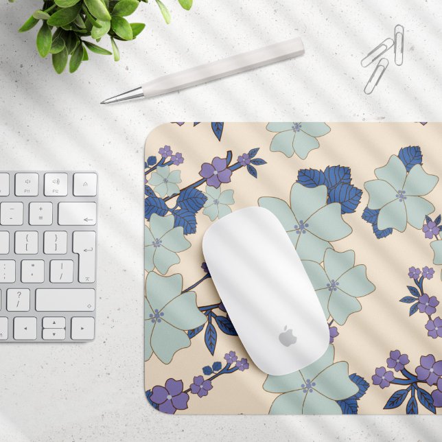 Blue Flowers, Purple Flowers, Floral Pattern Mouse Pad (Creator Uploaded)