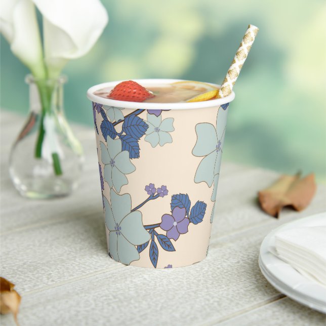 Blue Flowers, Purple Flowers, Floral Pattern Paper Cups (Insitu)