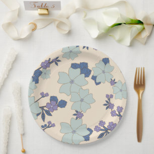 Blue Flowers, Purple Flowers, Floral Pattern Paper Plate
