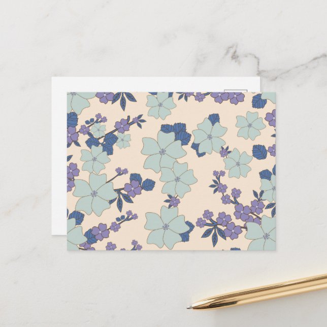 Blue Flowers, Purple Flowers, Floral Pattern Postcard (Front/Back In Situ)
