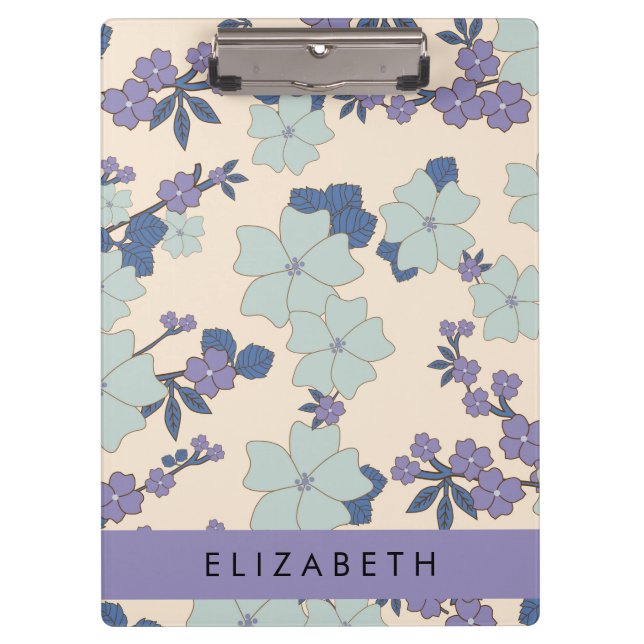Blue Flowers, Purple Flowers, Floral, Your Name Clipboard (Front)