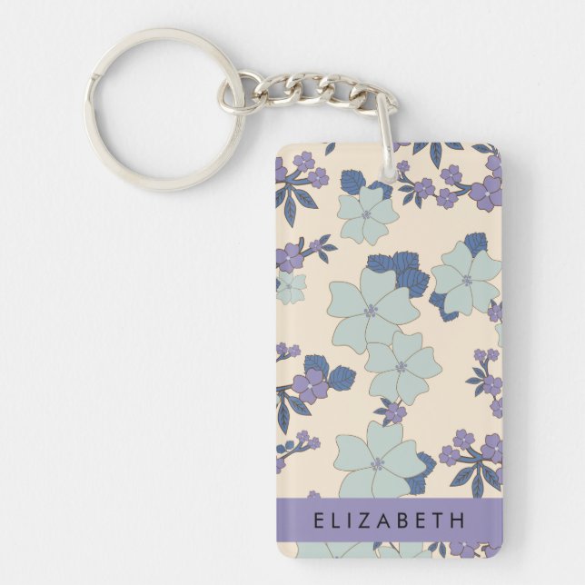 Blue Flowers, Purple Flowers, Floral, Your Name Key Ring (Front)