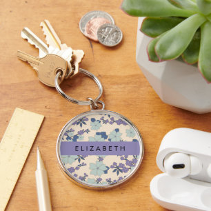 Blue Flowers, Purple Flowers, Floral, Your Name Key Ring