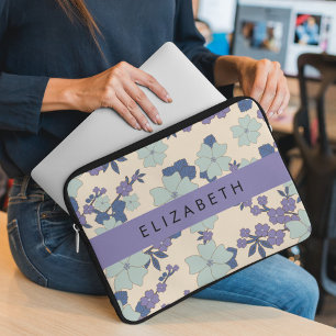 Blue Flowers, Purple Flowers, Floral, Your Name Laptop Sleeve