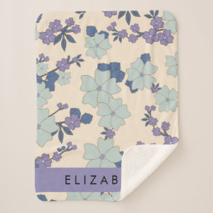 Blue Flowers, Purple Flowers, Floral, Your Name Sherpa Blanket