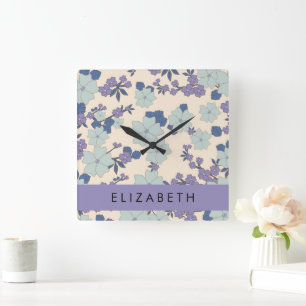 Blue Flowers, Purple Flowers, Floral, Your Name Square Wall Clock