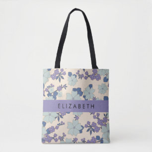 Blue Flowers, Purple Flowers, Floral, Your Name Tote Bag