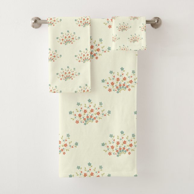 Blue Flowers, Red Flowers, Pattern Of Flowers Bath Towel Set (Insitu)