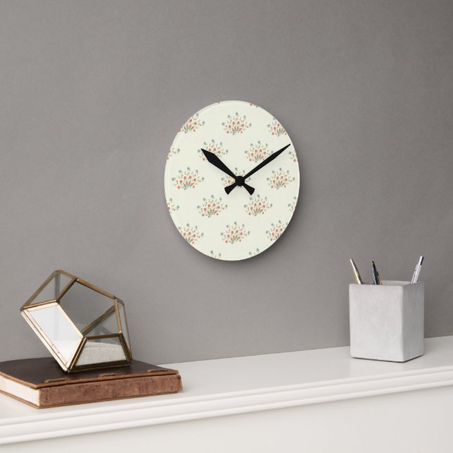 Blue Flowers, Red Flowers, Pattern Of Flowers Round Clock (Office)