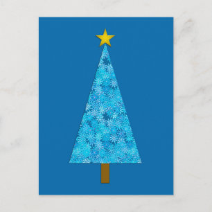 Blue Flowers Retro Modern Christmas Tree Holiday Postcard