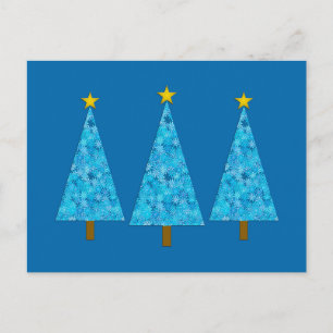 Blue Flowers Retro Modern Christmas Trees Holiday Postcard