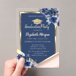 Blue Flowers Rose Gold Glitter Graduation Acrylic Invitations