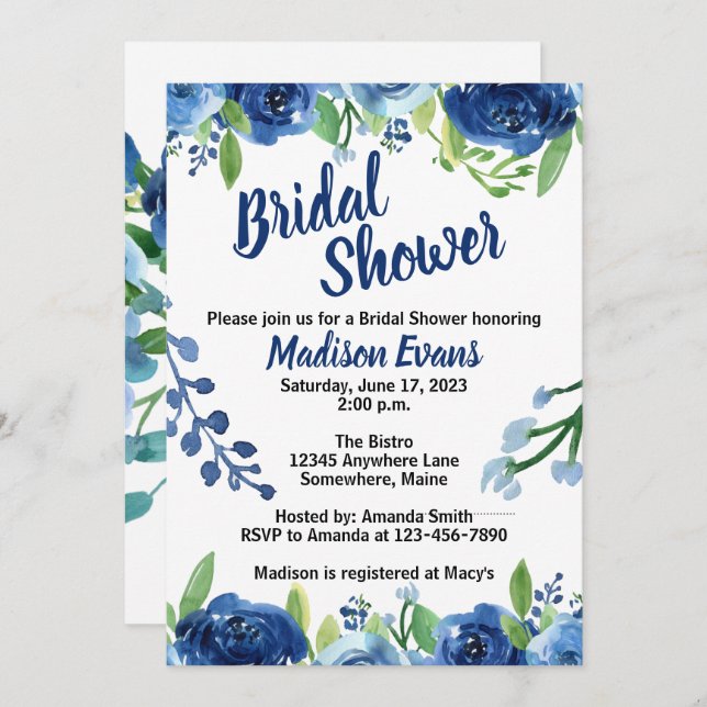 Blue Flowers Rustic Bridal Shower Invitations (Front/Back)