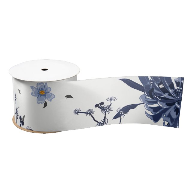 Blue flowers satin ribbon (Spool)