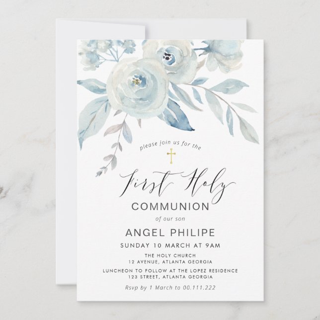 Blue flowers script first holy communion invitation (Front)