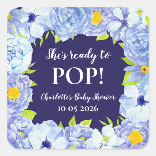 Blue Flowers She's Ready to Pop Baby Shower Tag