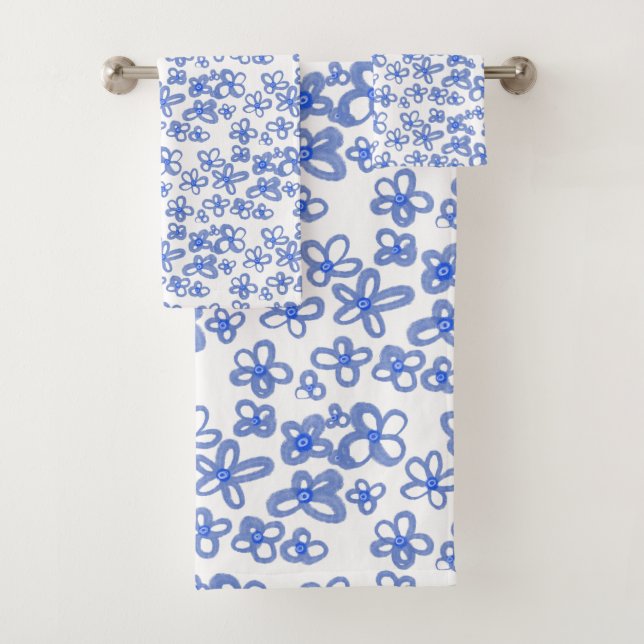 Blue flowers shower curtain bath towel set (Insitu)