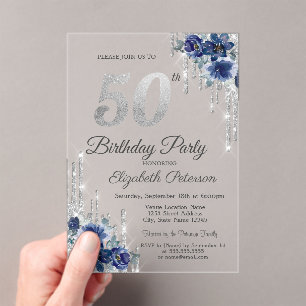Blue Flowers Silver Glitter Drips 50th Birthday Acrylic Invitations
