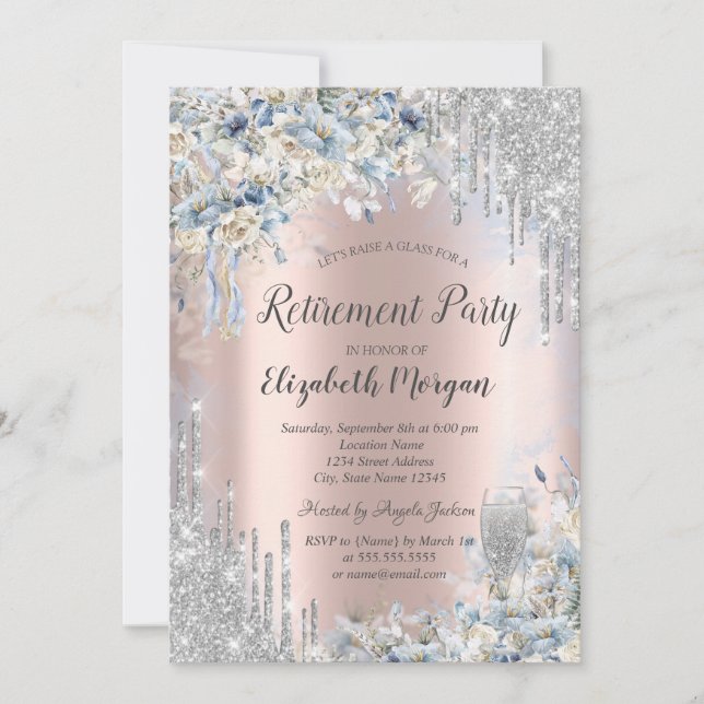 Blue Flowers Silver Glitter Drips Retirement Invitation (Front)