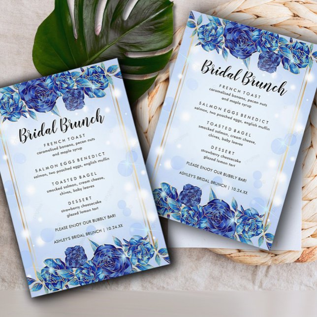 Blue Flowers Sparkly Elegant Bridal Brunch Menu (Creator Uploaded)