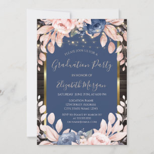 Blue Flowers,String Lights,Wood Invitation