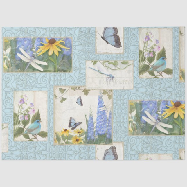 Blue Flowers Sunflowers Dragonfly Garden Decoupage Tissue Paper (Front)