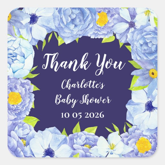 Blue Flowers Thank You Baby Shower Favour Tag (Front)