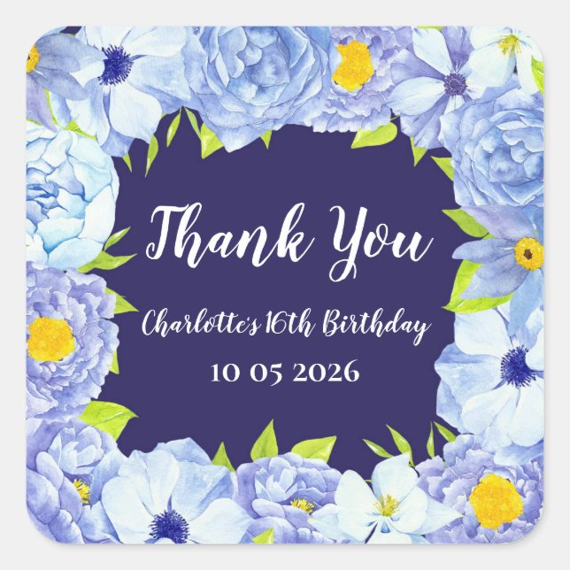 Blue Flowers Thank You Birthday Favour Tag (Front)