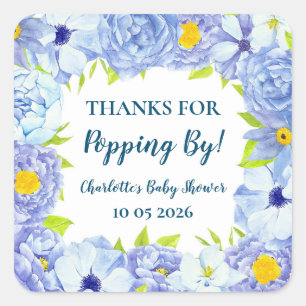 Blue Flowers Thanks for Popping By Baby Shower Tag