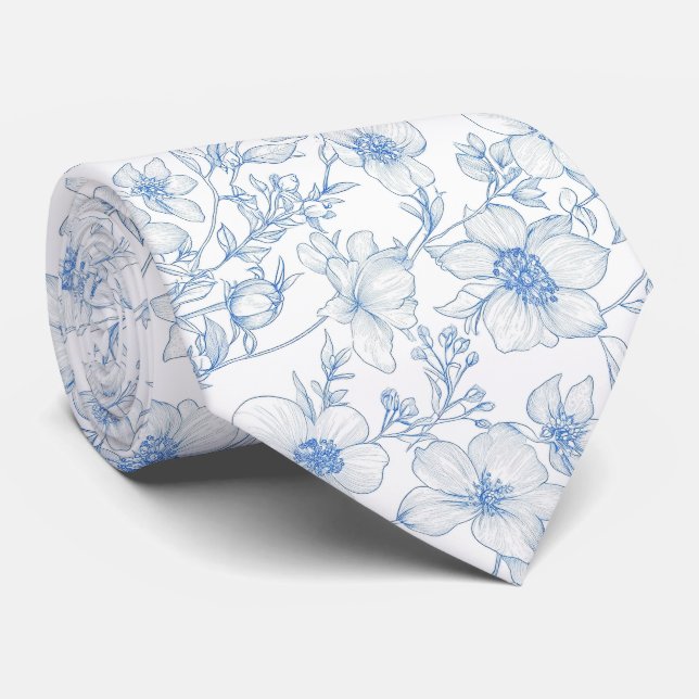 Blue flowers toile de jouy neck tie (Rolled)