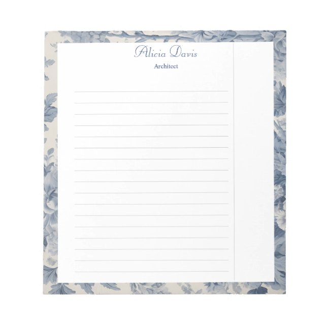 Blue Flowers Toile de Jouy your name  Notepad (Front)