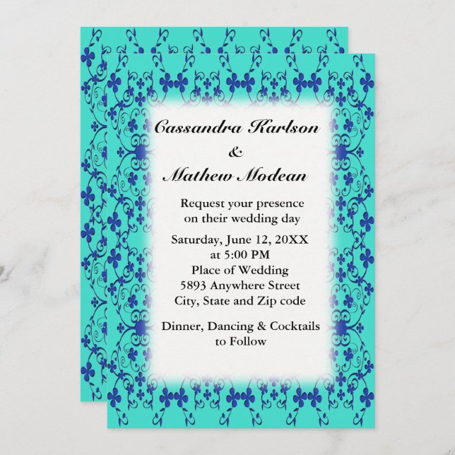 Blue Flowers Vines Turquoise or Colour Choice Wed Invitation (Front/Back)