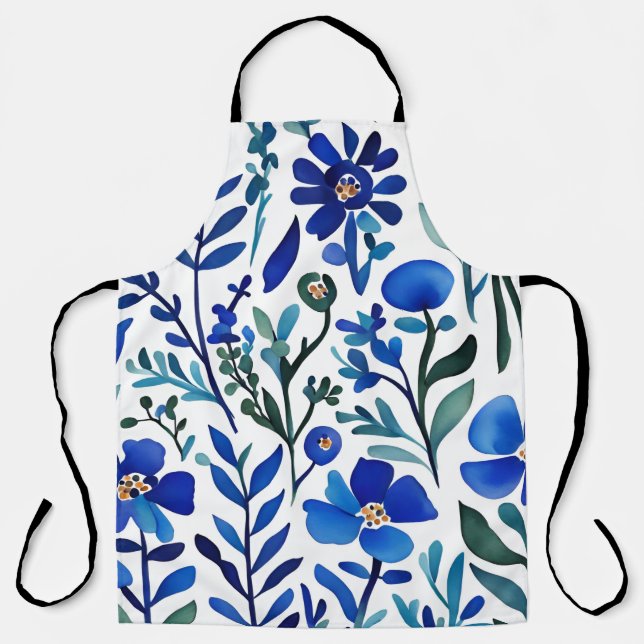 Blue Flowers Watercolor Art Pattern  Apron (Front)