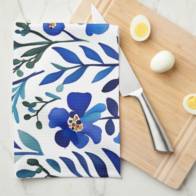 Blue Flowers Watercolor Art Pattern  Tea Towel (Quarter Fold)