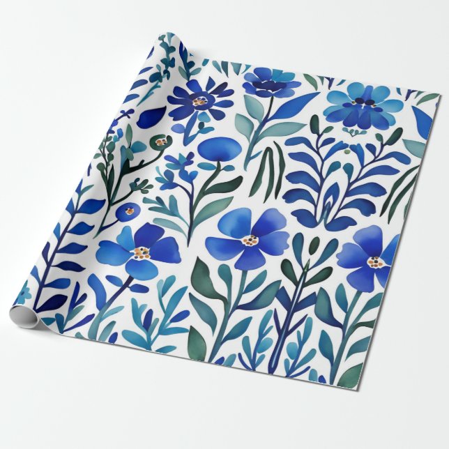 Blue Flowers Watercolor Art Pattern  Wrapping Paper (Unrolled)