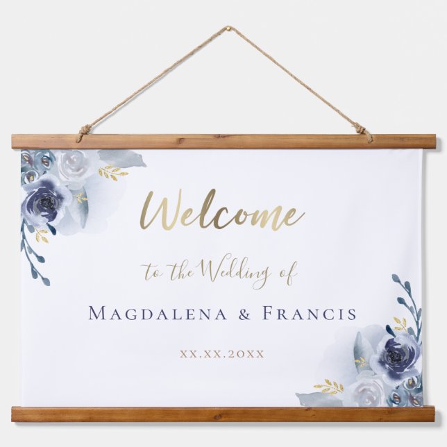 blue flowers wedding welcome hanging tapestry (Front)