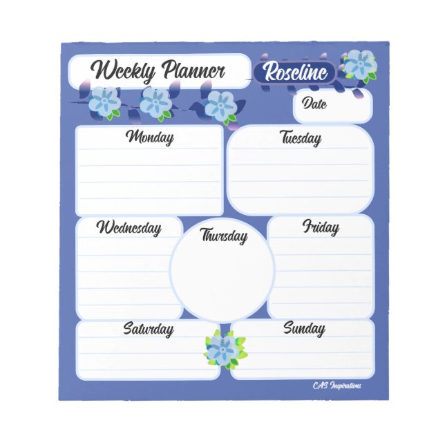 Blue Flowers Weekly Planner Notepad (Front)