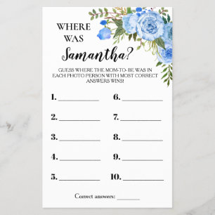 Blue Flowers Where was Mom Baby Shower Game Card